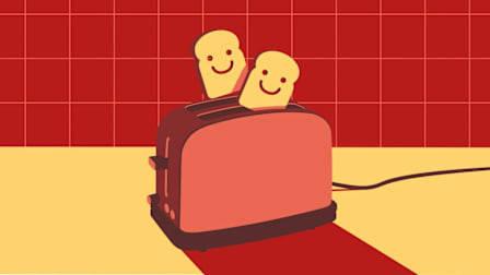 illustration of toaster with 2 slices of bread popping out that have smiley faces on them