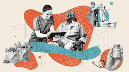 photo illustrated collage of aide showing tablet to smiling senior in a wheelchair, aide folding laundry, and person holding advil container