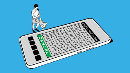 a woman and a dog staring down at a phone with a maze between the subscription and the cancel buttons