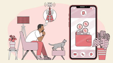 illustration of person sitting on chair in space with potted plants, floor lamp, and cat while looking at large smartphone that has a wallet and dollar signs