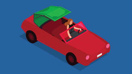 an illustration of a woman driving a red convertible car with a dollar bill as the retractable hood