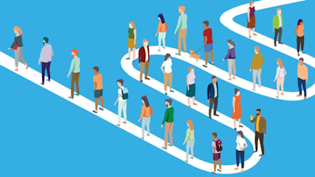 illustrated people standing on a curved line
