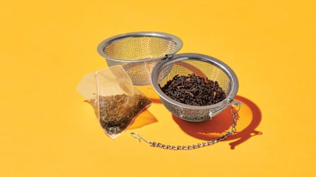a tea bag and a tea diffuser with loose leaf tea