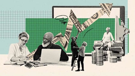 photo illustration of couple in front of computer, couple using ladder, and woman on stack of money with arrow made of money in background
