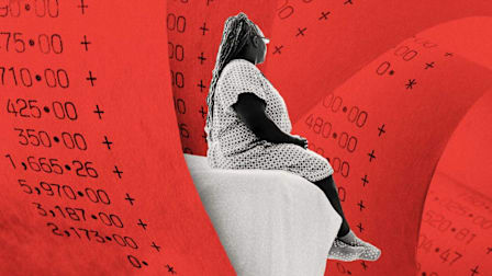 The side view of a patient wearing a hospital gown sitting on a hospital bed with red financial receipts as the background