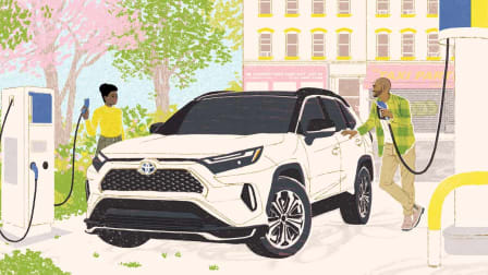 illustration of person holding EV plug on one side of Toyota SUV and person holding gas pump on other side of gar