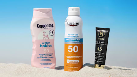 Coppertone Water Babies SPF 50 sunblock, Eucerin Advanced Hydration SPF 50 sunblock, and Black Girl Sunscreen Make it Matte SPF 45 Sunscreen Gel for the Face