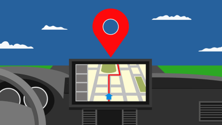 A navigation system in a car showing a map