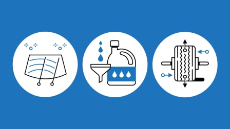 illustrated icons of windshield wipers, oil container and funnel, and tire with alignment marks