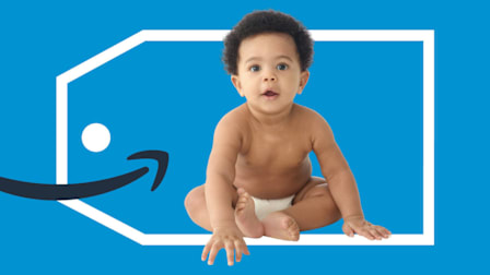 Amazon logo pointing to baby inside of a price tag graphic.