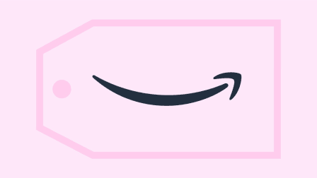Amazon logo in front of price tag and pink background.