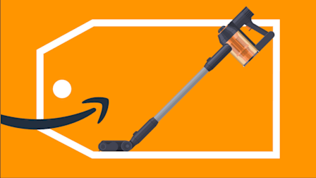 Illustration of Amazon logo pointing to stick vacuum inside of a price tag graphic.