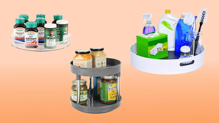 Three lazy susans on a pink background