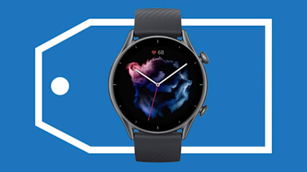 Amazfit GTR 3 Smartwatch on blue background with graphic tag