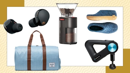 Bose Noise Cancelling Headphones 700, Herschel Novel Duffle Bag, Bodum Bistro Electric Burr coffee grinder, Glerups in blue with leather sole, and Therabody Theragun Pro Gen 5