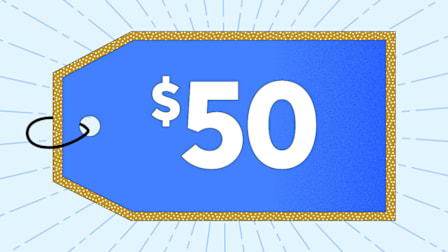 A blue price tag with "$50" in large white text, golden border, and radiating lines in the background.