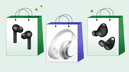 Three shopping bags with headphones on each: the left bag displays black wireless earbuds, the middle bag features white over-ear headphones, and the right bag shows black wireless earbuds on a light green background.