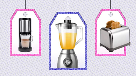 Three price tags featuring a coffee machine, a blender, and a toaster, set against a purple background