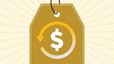 A large golden price tag with a dollar sign in the center, surrounded by a circular arrow, set against a background with radiating lines.