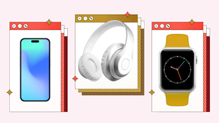 Browser windows display a smartphone, white headphones, and a smartwatch on a light red background
