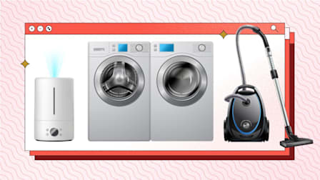 A white humidifier, a front-loading washing/dryer set, and a canister vacuum cleaner in browser window frames against a light red background.