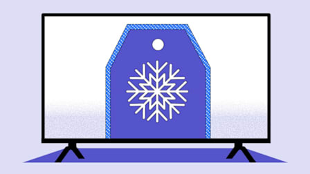 A TV displaying a purple price tag with a white snowflake design in the center and a blue-trimmed border, set against a light purple background