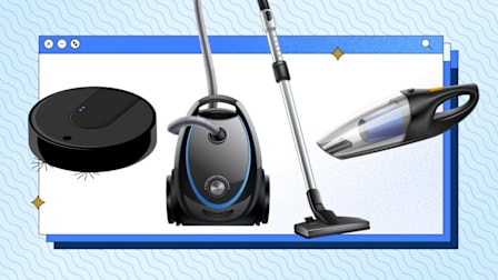 Three vacuum cleaners—robotic, canister, and handheld—against a background of browser windows.