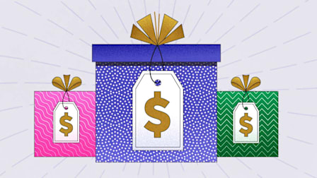 Three gift boxes of different sizes and colors—pink, blue, and green—with bows and price tags featuring dollar signs