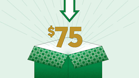 A green gift box with its lid open, displaying a large gold "$75" symbol above it and a downward-pointing arrow