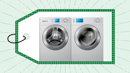 A front-loading washer and dryer with a green price tag background