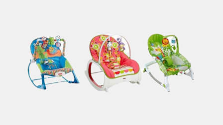 Fisher-Price Infant-to-Toddler Rocker (left and center), Fisher-Price Newborn-to-Toddler Rocker (right).