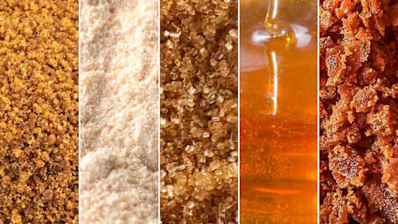 Grains of coconut, date, turbinado, agave, and palm jaggery sugars.