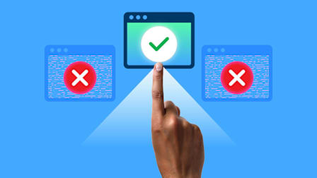 photo illustration of finger pointing to screen with green check mark and light shining from screen, two screens with red x marks on either side