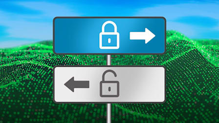 Road sign posts with Locked and Unlocked icons on digital landscape background.