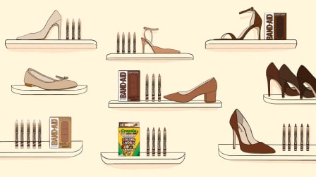Variety of Kahmune shoes types, Crayons and box, and Band-Aids in different skins on shelves