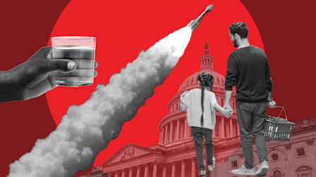 A photo illustration showing a hand holding a glass of water, a rocket launched into space, a father and daughter shopping for groceries, and the Capitol Building on a red background.