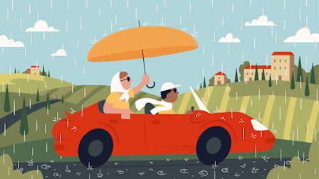 A couple driving in a convertible during the rain, a woman holding an umbrella to protect the car