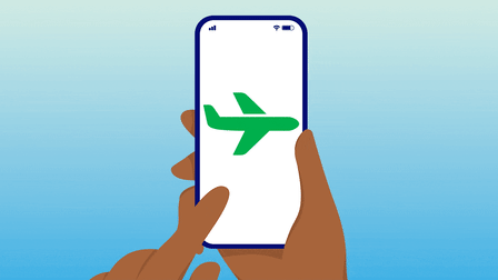 person holding a phone displaying various travel icons followed by a calendar with a dollar sign symbol