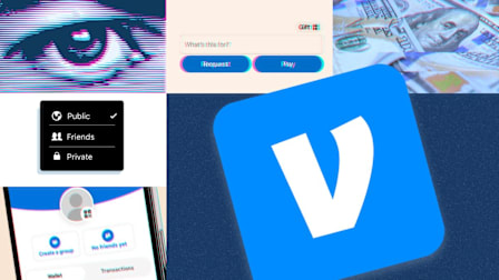 A collage featuring the Venmo logo, payment request options, privacy settings, U.S. money, and a pixelated eye symbolizing surveillance.