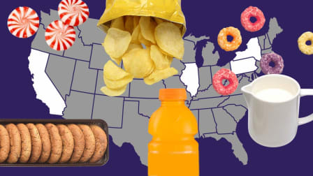 A photo illustration showing a US map with California, New York, Pennsylvania and Illinois highlighted with packaged cookies, orange drink, candy peppermints, potato chips, Fruit Loops, and coffee creamer.