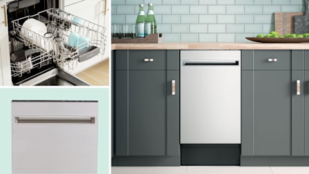 grid of 3 different 18" dishwashers. clockwise from top left: Bosch SPX68C75UC open showing dishes, Haier QDT125SSLSS in kitchen with dark grey cabinets, and GE Profile PDT145SSLSS on light blue background