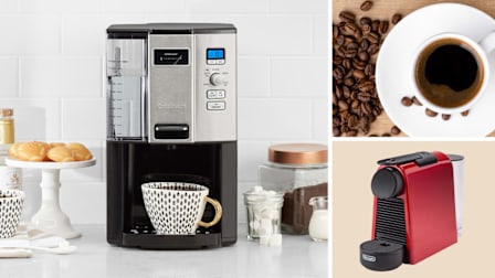 collage of three images with Cuisinart Coffee on Demand DCC-3000 coffeemaker on marble countertop with white subway tile backsplash, overhead view of coffee cup, and Nespresso Essenza Mini coffee maker