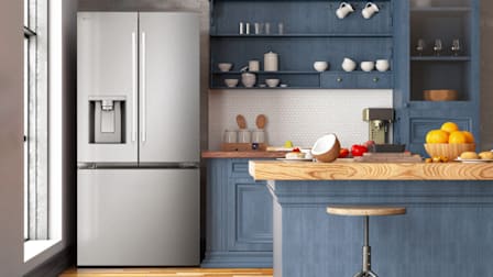 LG LF25H6330S refrigerator in kitchen with blue cabinets and open shelving with white dishes, half a coconut and bowl of oranges on island