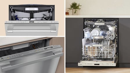 grid of three dishwasher images (detail of partially open Thermador Star Sapphire DWHD661EFP, detail of partially open Miele G7196SCVISF, and a fully open Bosch Benchmark dishwasher loaded with various types of dishes