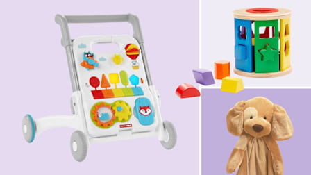 grid of Skip Hop 4-in-1 Toy Walker, Melissa and Doug Match and Roll Shape Sorter, and Gund Baby Spunky the Dog on purple backgrounds