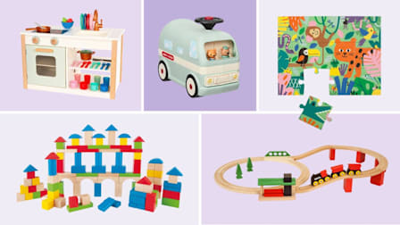 grid of Battat Two-n-One Wooden Kitchen Cafe, Brio Classic Train Set, Hape Wooden Block Set, Mudpuppy Jungle Can You Spot Puzzle, Radio Flyer Park and Play Camper on light purple backgrounds