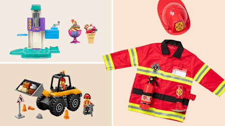 grid of Play-Doh Rainbow Swirl Ice Cream Playset, LEGO City Yellow Construction set, and Melissa and Doug Fire Chief Role Play Costume on light brown backgrounds