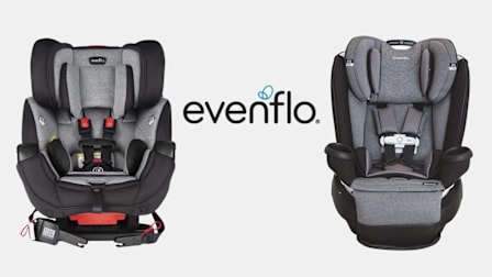Evenflo Symphony DLX and Evenflo Gold Revolve360 car seats with Evenflo logo between them