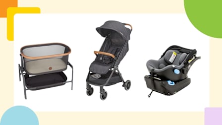 Maxi-Cosi Iora Bedside Bassinet, Nuna Trvl LX stroller, and Clek Liing car seat on background with colorful geometric shapes