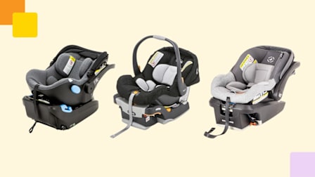 Clek Liing, Chicco Keyfit, and Maxi-Cosi Mico Luxe + car seats on pale yellow background with colored graphic elements in two corners